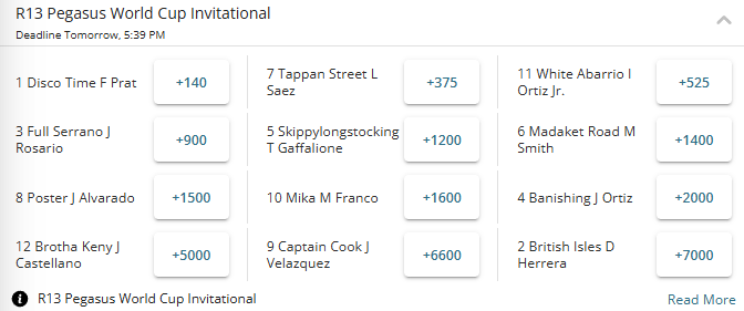 Pegasus World Cup Invitational fixed winner odds from BetOnline.