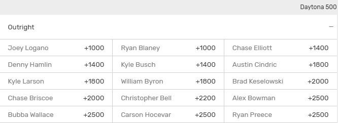 2026 Daytona 500 race winner odds from Bovada sportsbook.